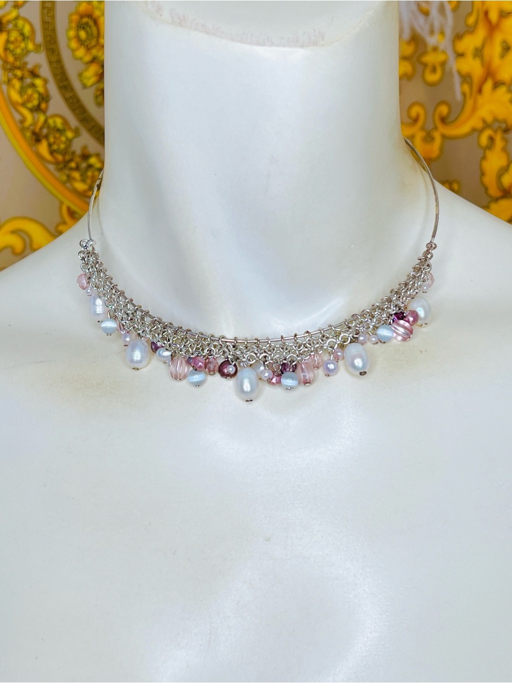 Vintage freshwater pearl choker 14” to 16” expandable pink plum ivory white